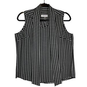 Kasper Womens PM Black White Houndstooth Sleeveless Mock Neck Pleated Blouse Top